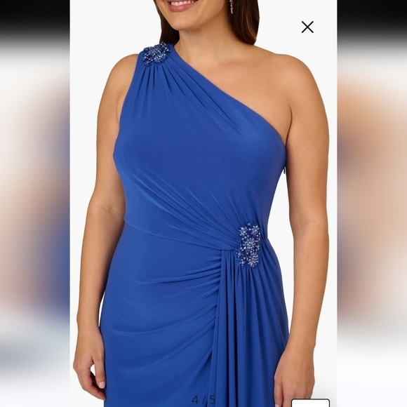 Adrianna Papell Embellished One Shoulder Jersey Cocktail Dress BrilliantSapphire - Picture 4 of 16